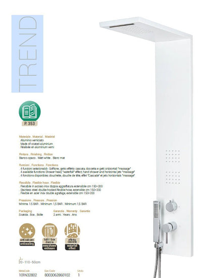 Colonna Doccia Pannello Bianco Opaco 4 Funzioni mod.Trend metaform