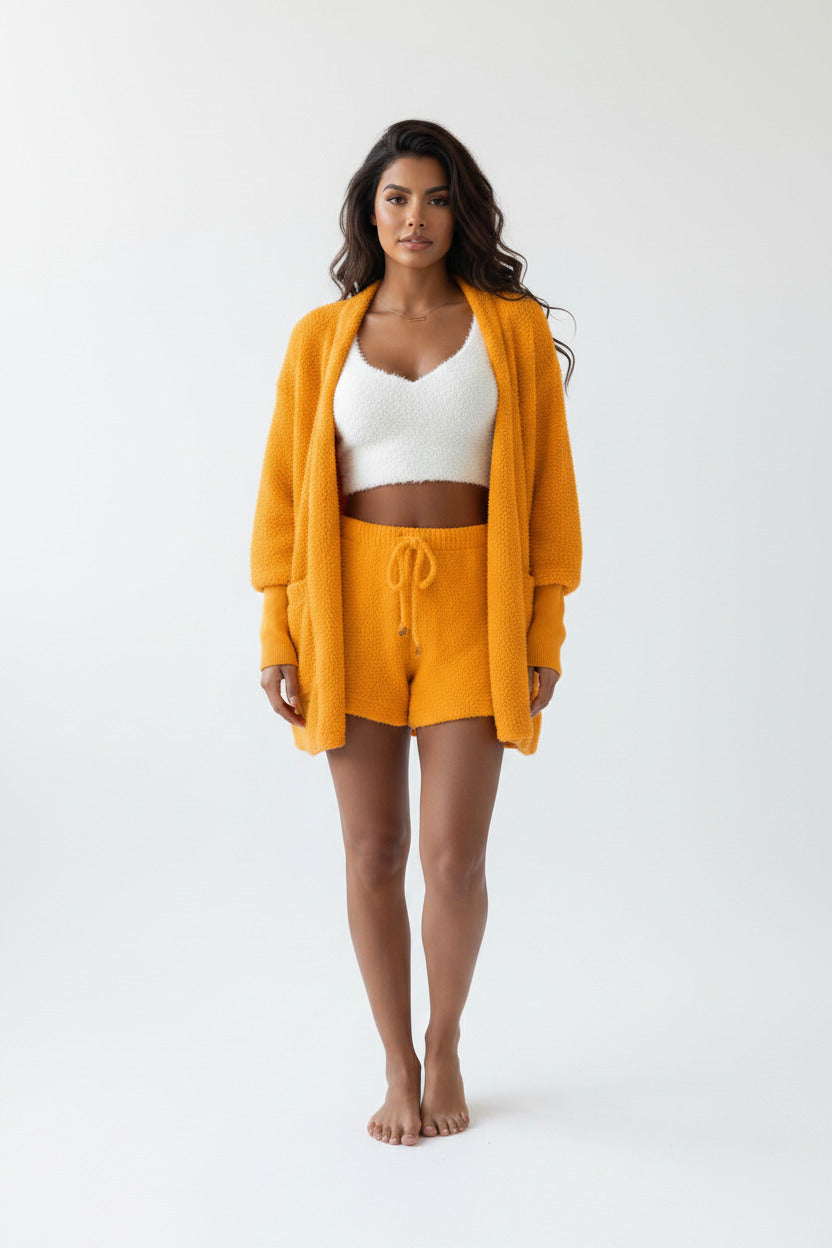 Set 3 Pezzi Donna Peloso con Giacca Lunga, Shorts e Canotta