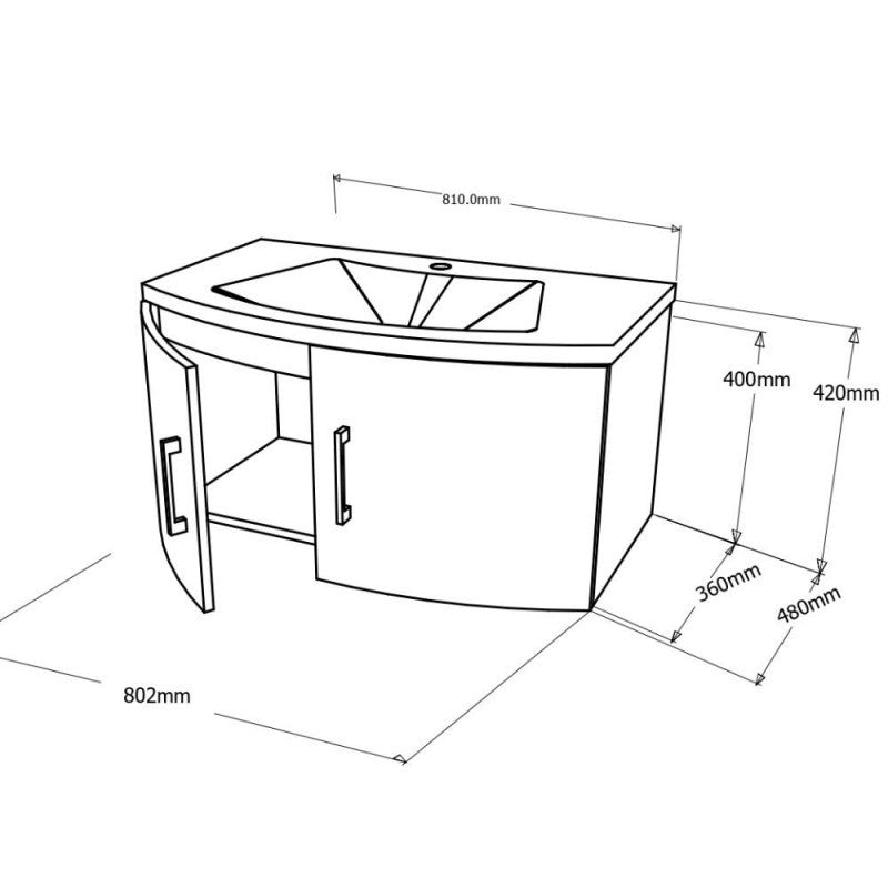 Composizione bagno 2 ante con lavabo in ceramica e specchio con lampada led