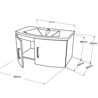 Composizione bagno 2 ante con lavabo in ceramica e specchio con lampada led