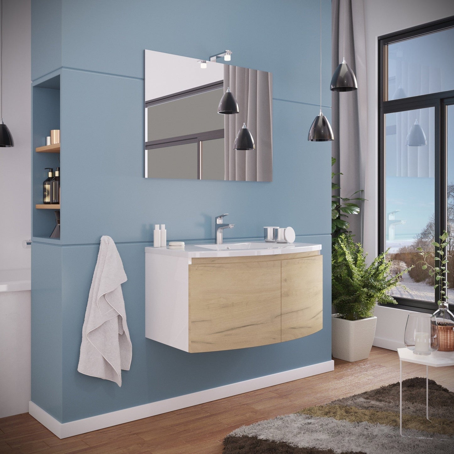 Composizione bagno 2 ante con lavabo in ceramica e specchio con lampada led