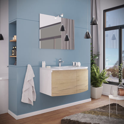 Composizione bagno 2 ante con lavabo in ceramica e specchio con lampada led