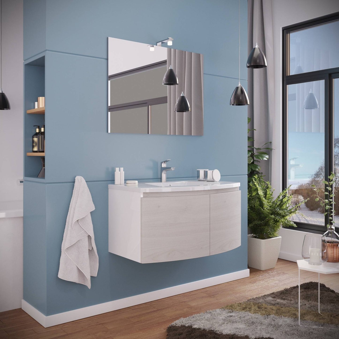 Composizione bagno 2 ante con lavabo in ceramica e specchio con lampada led