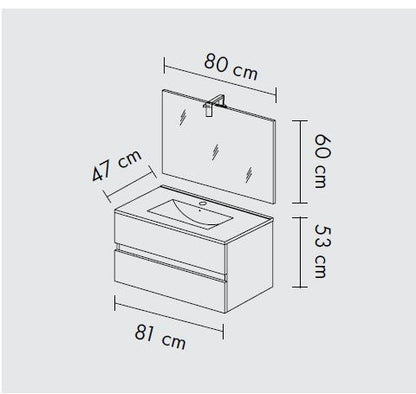 Composizione bagno 2 cassettoni con lavabo in ceramica e specchio con lampada led