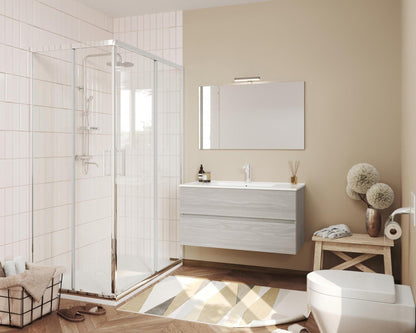 Composizione bagno 2 cassettoni da 100cm rovere grigio, lavabo in ceramica e specchio con lampada led