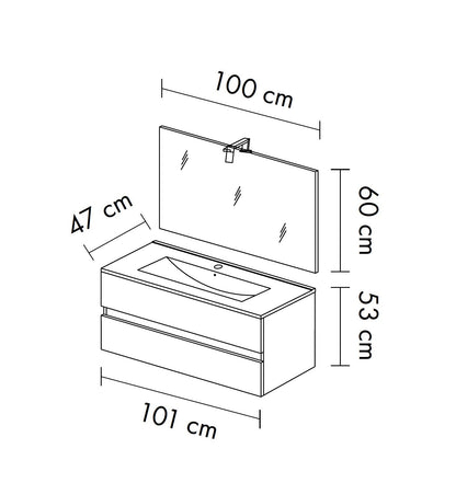 Mobile Bagno Sospeso 101cm Rovere Fumo - 2 Cassetti + LED