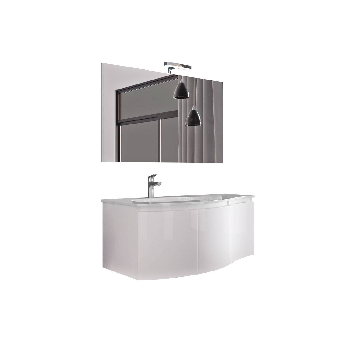 Composizione Bagno Sospeso 105cm Bianco Lucido - 3 Ante Curve e LED