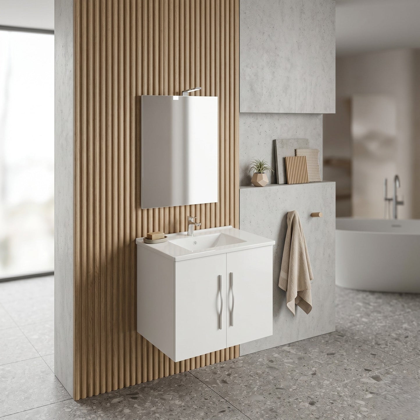 Composizione bagno 61cm , lavabo in ceramica , mobile e specchio con lampada modello Corallo 4052