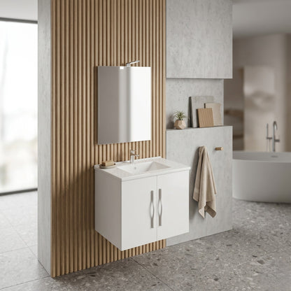 Composizione bagno 61cm , lavabo in ceramica , mobile e specchio con lampada modello Corallo 4052