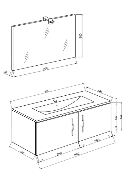 Composizione bagno 81cm , lavabo in ceramica , mobile e specchio con lampada modello Corallo 4055
