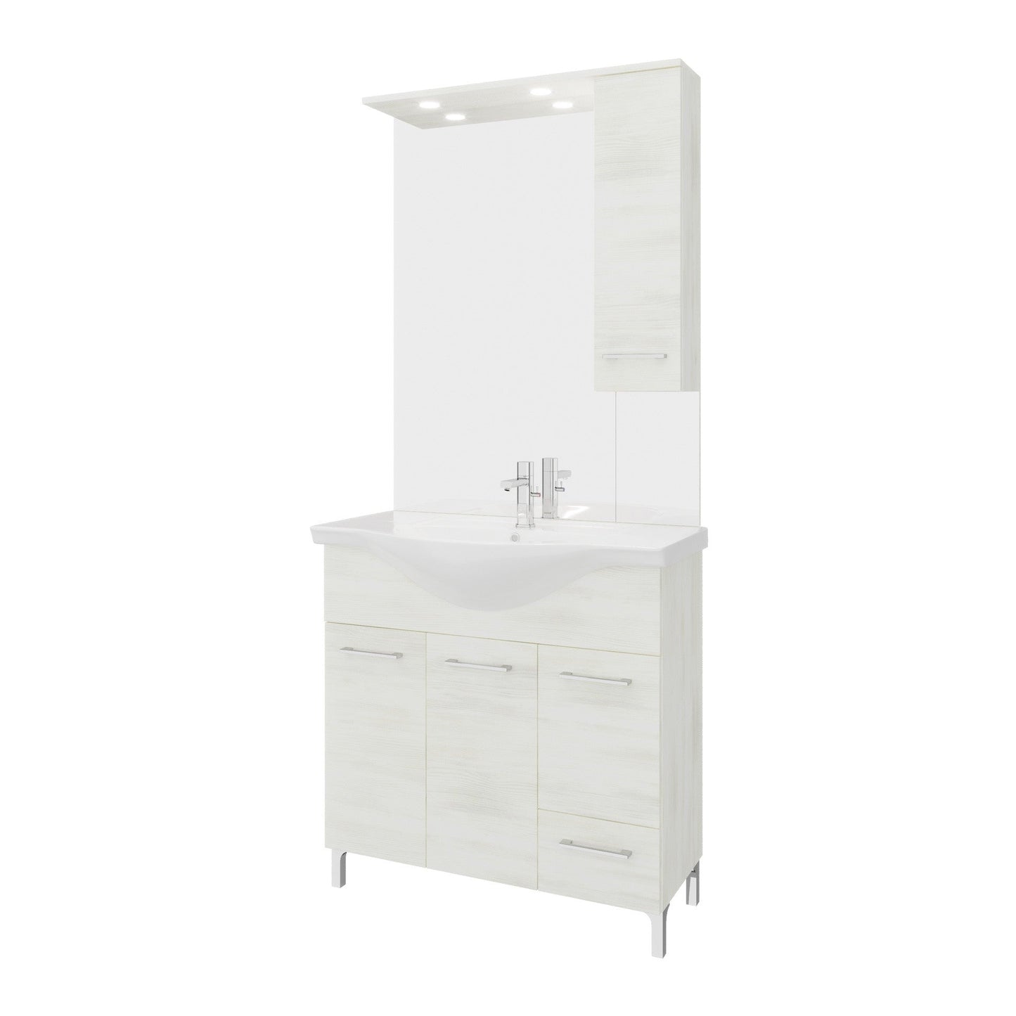 Composizione da bagno 3 ante da 105cm con cassetto lavabo e specchiera con pensile e luci a led