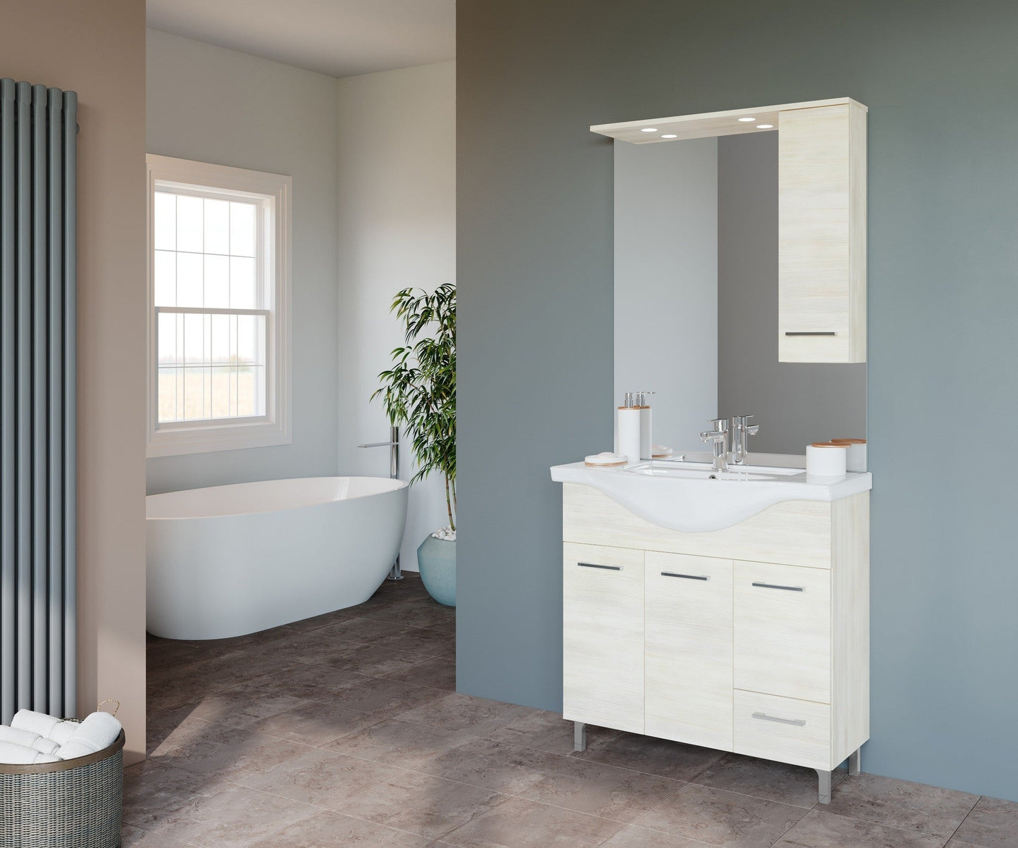 Composizione da bagno 3 ante da 105cm con cassetto lavabo e specchiera con pensile e luci a led