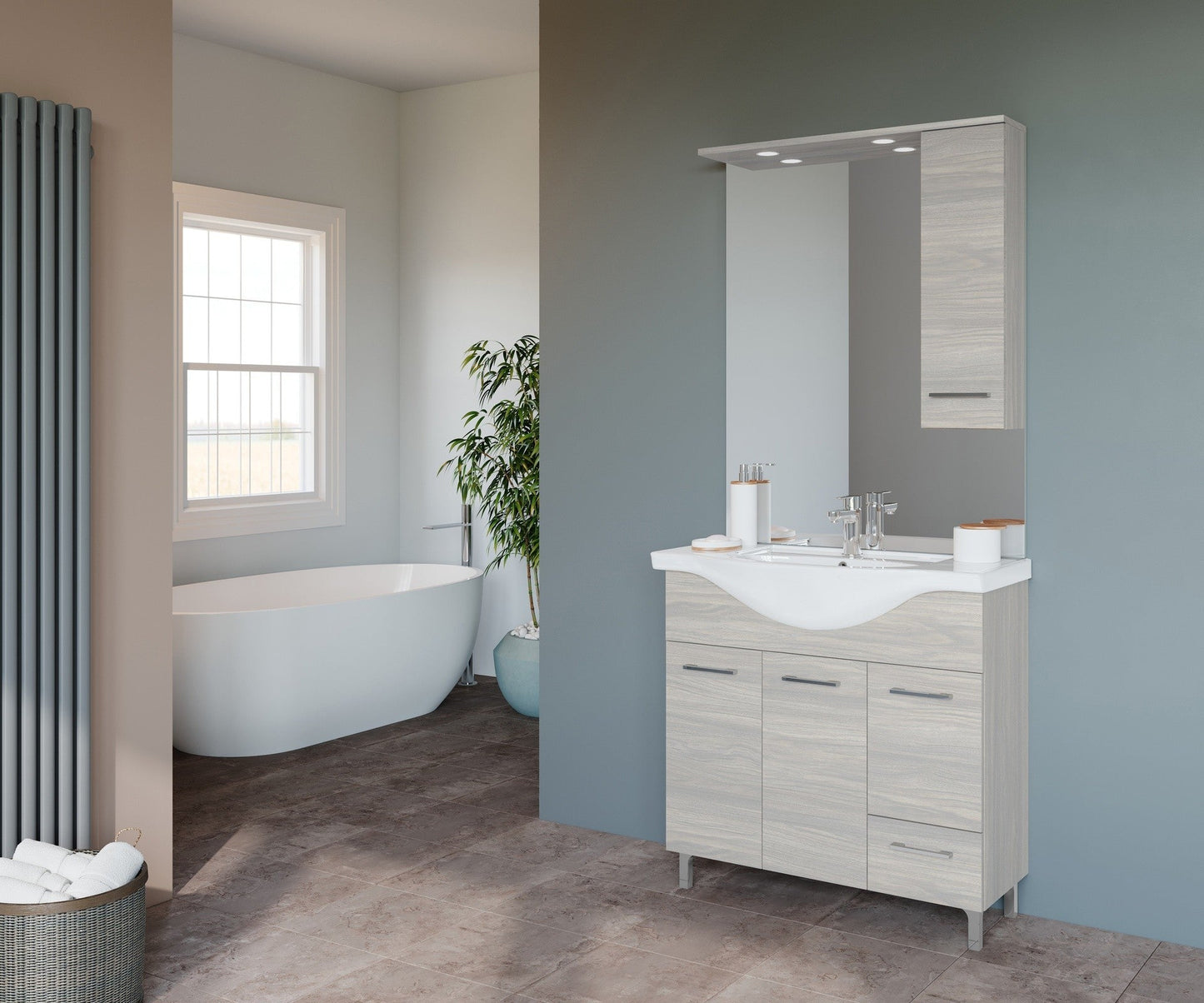Composizione da bagno 3 ante da 105cm con lavabo e specchiera con pensile e luci a led