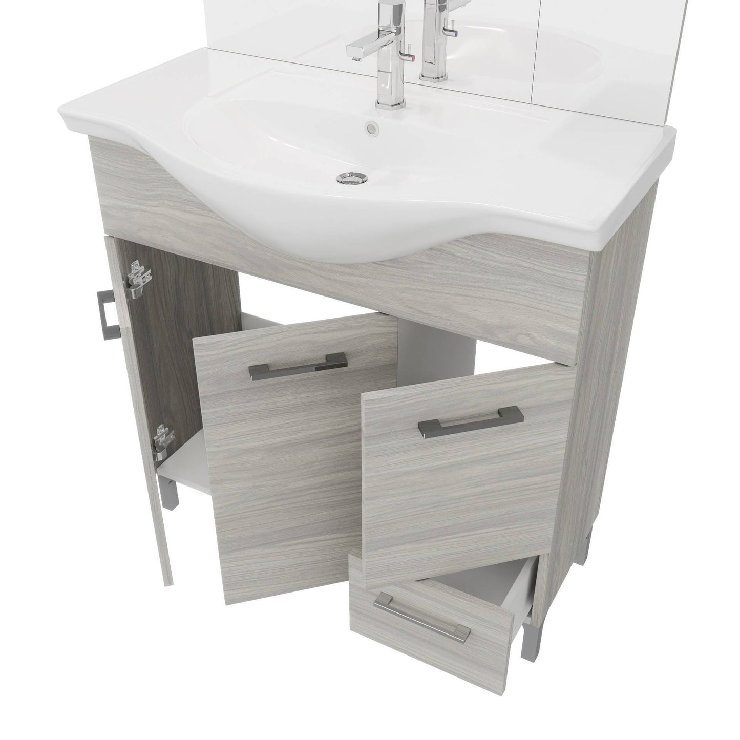 Composizione da bagno 3 ante da 85cm con cassetto, lavabo e specchiera con pensile