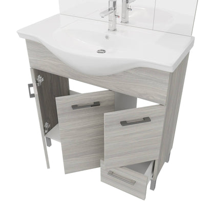 Composizione da bagno 3 ante da 85cm con cassetto, lavabo e specchiera con pensile