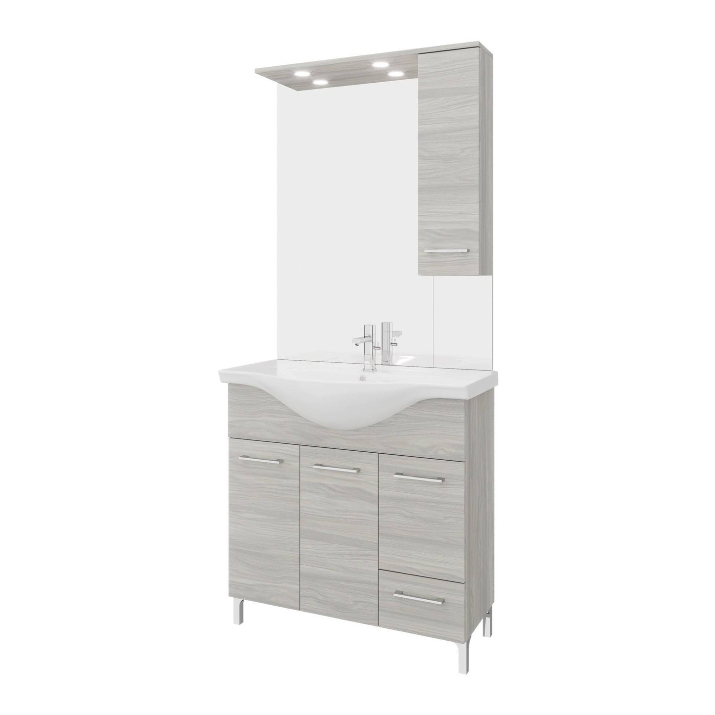 Composizione da bagno 3 ante da 85cm con cassetto, lavabo e specchiera con pensile