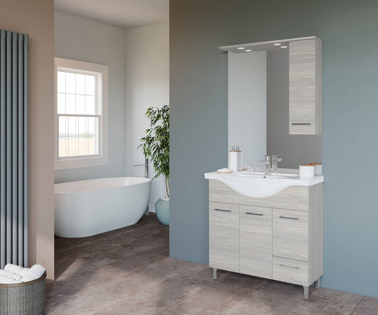 Composizione da bagno 3 ante da 85cm con cassetto, lavabo e specchiera con pensile