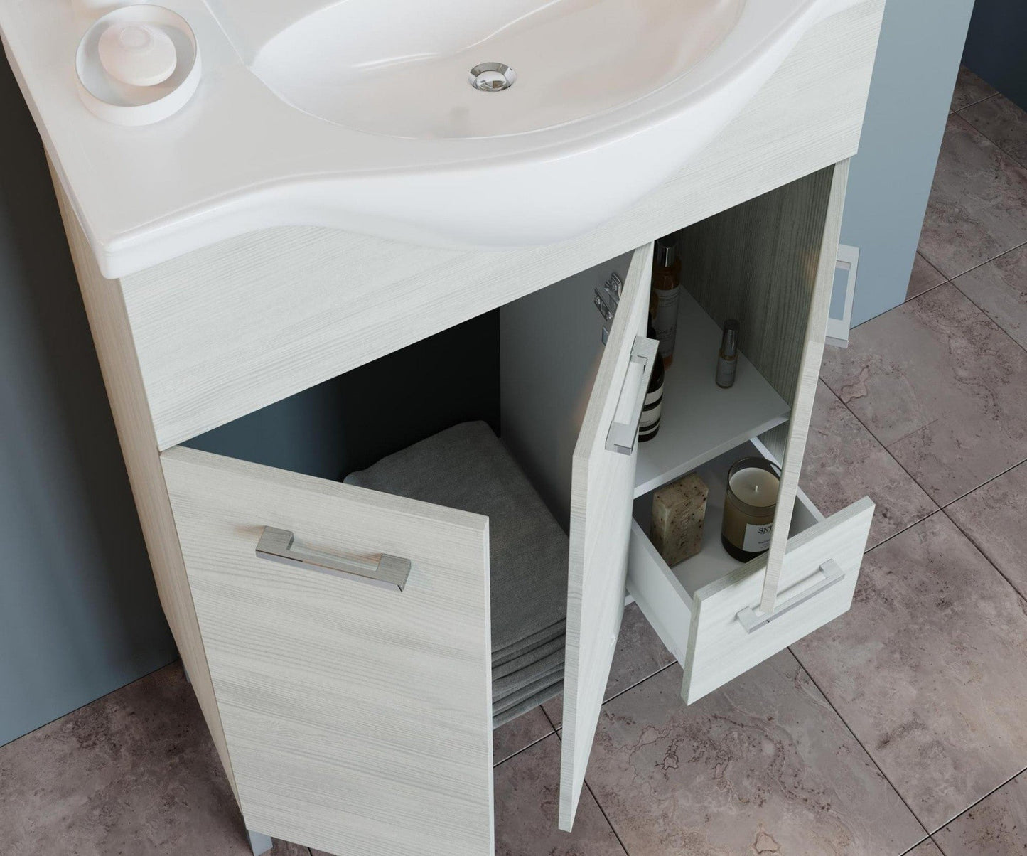 Composizione da bagno 3 ante da 85cm con cassetto , lavabo e specchiera con pensile e luci a led