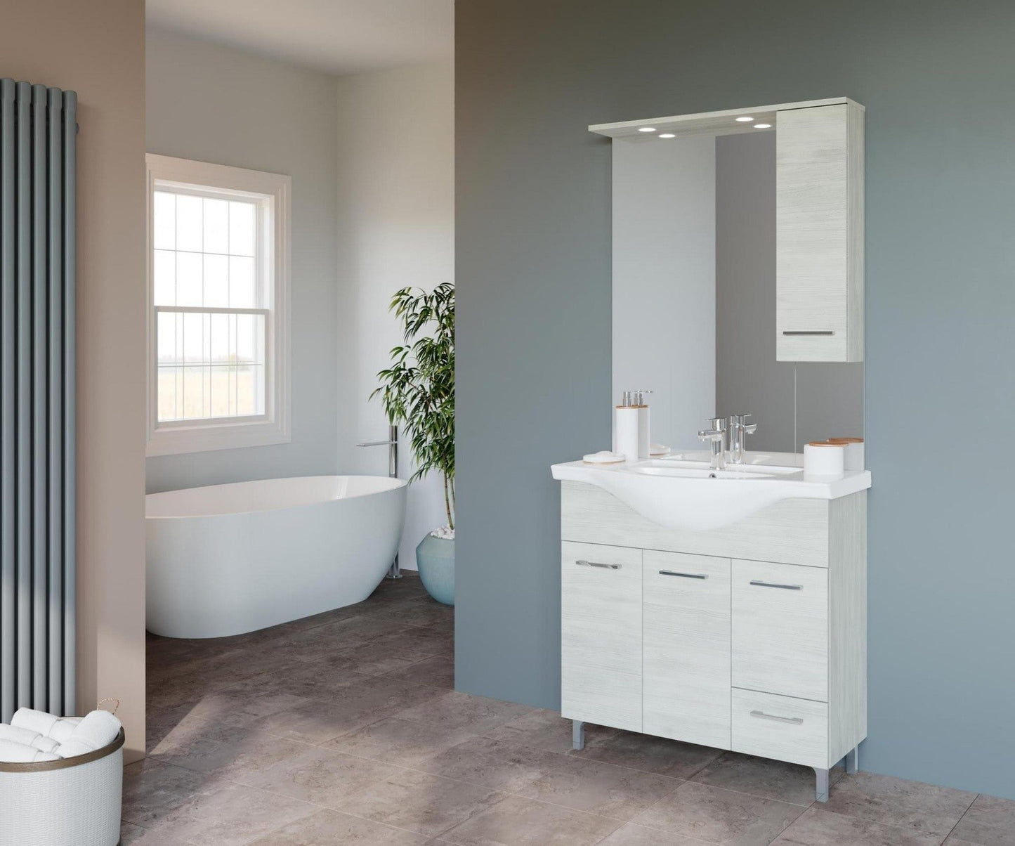 Composizione da bagno 3 ante da 85cm con cassetto , lavabo e specchiera con pensile e luci a led