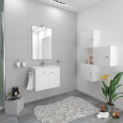 Composizione da bagno Base sospesa con due ante, lavabo in ceramica, cm 60, e Specchiera con lampada LED.