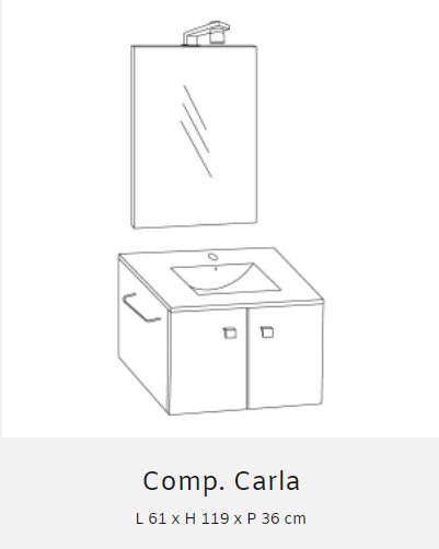 Composizione da bagno Base sospesa con due ante, lavabo in ceramica, cm 60, e Specchiera con lampada LED.
