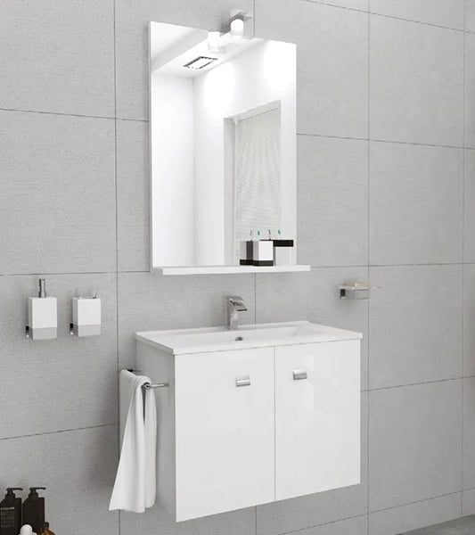 Composizione da bagno Base sospesa con due ante, lavabo in ceramica, cm 60, e Specchiera con lampada LED.