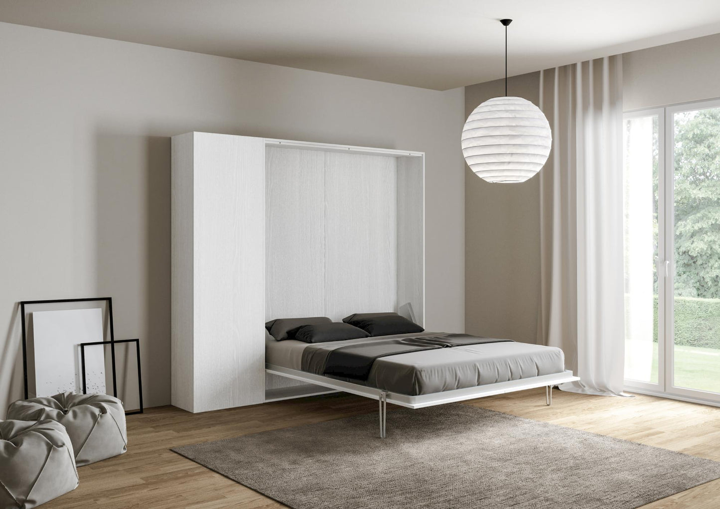 Letto matrimoniale francese a scomparsa 140 verticale Kentaro con colonna e pensili