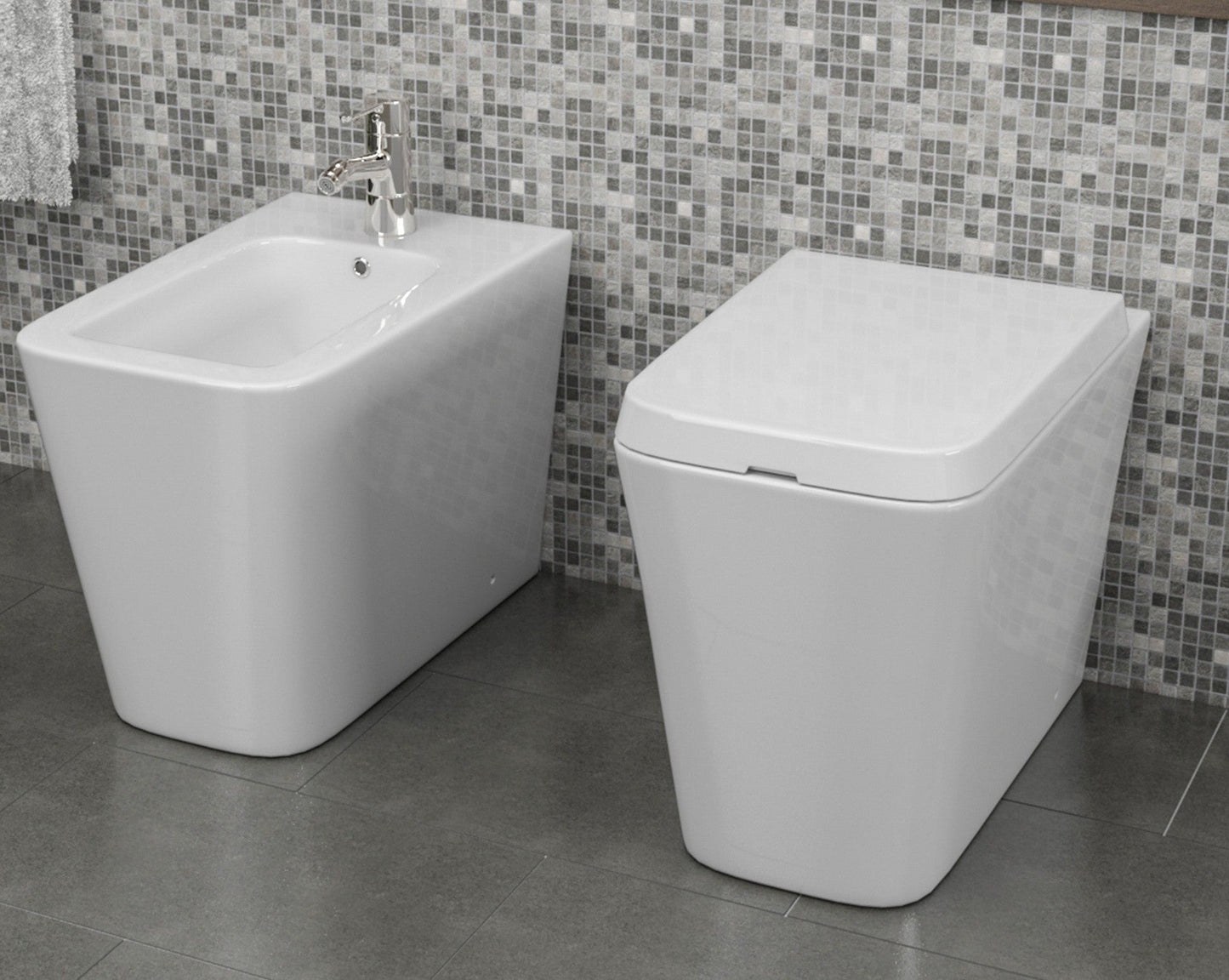 Coppia sanitari in ceramica filomuro WC e bidet con sedile soft close