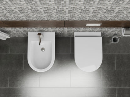Coppia sanitari in ceramica filomuro WC e bidet con sedile soft close