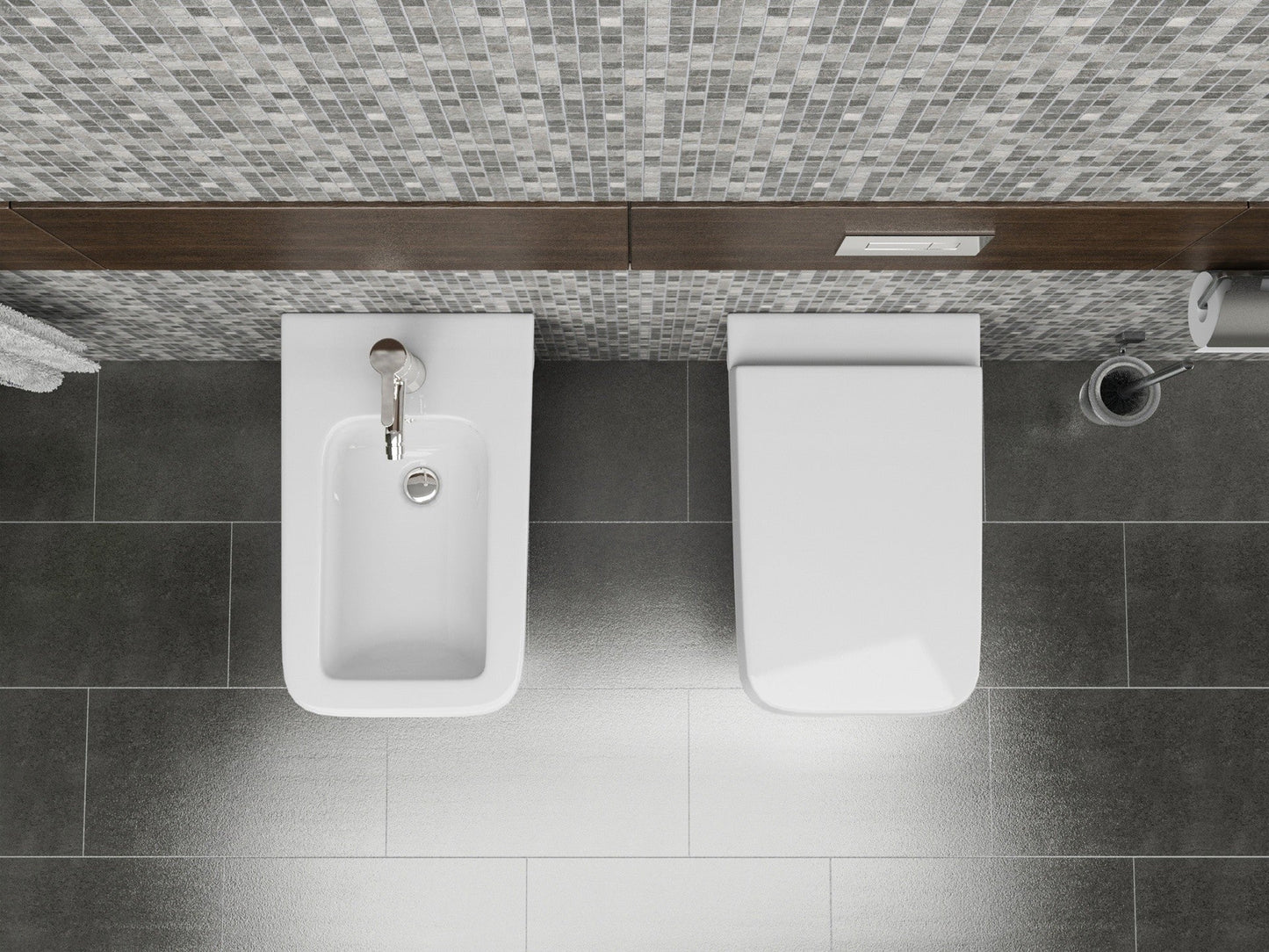 Coppia sanitari in ceramica filomuro WC e bidet con sedile soft close
