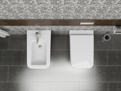 Coppia sanitari in ceramica filomuro WC e bidet con sedile soft close