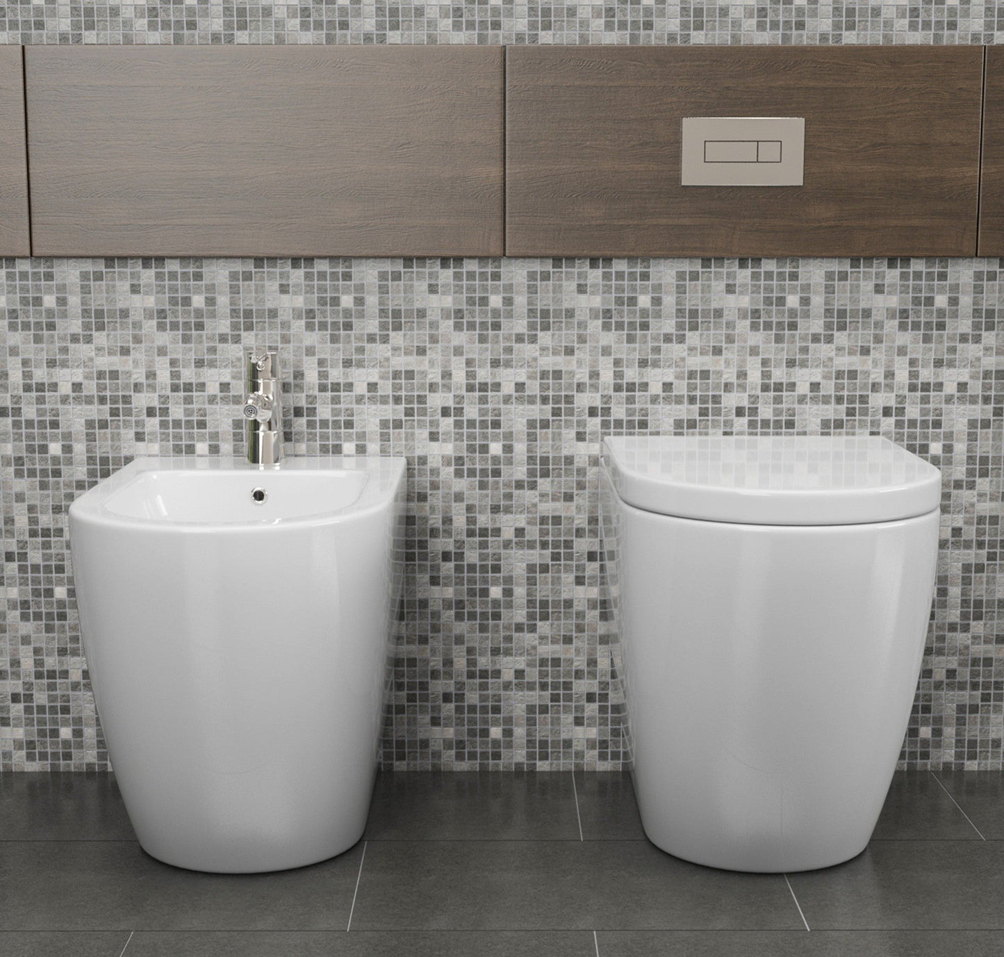 Coppia sanitari in ceramica filomuro WC e bidet con sedile soft close