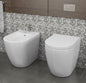 Back-to-wall ceramic toilet and bidet suite with soft-close seat