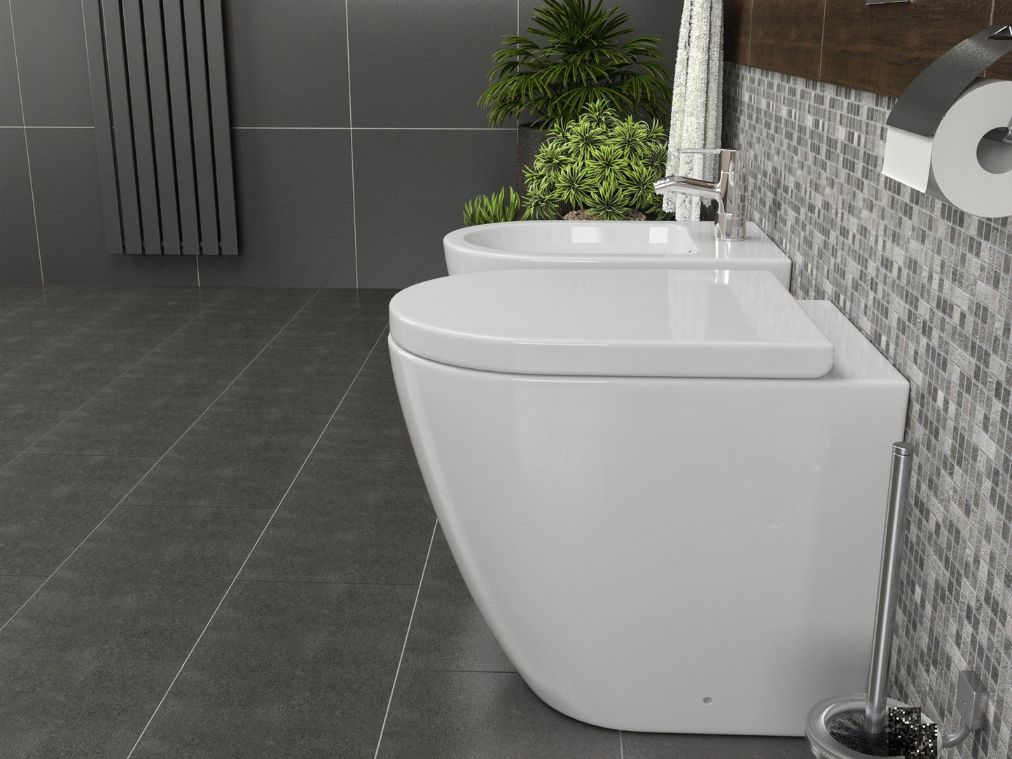 Coppia sanitari in ceramica filomuro WC e bidet con sedile soft close