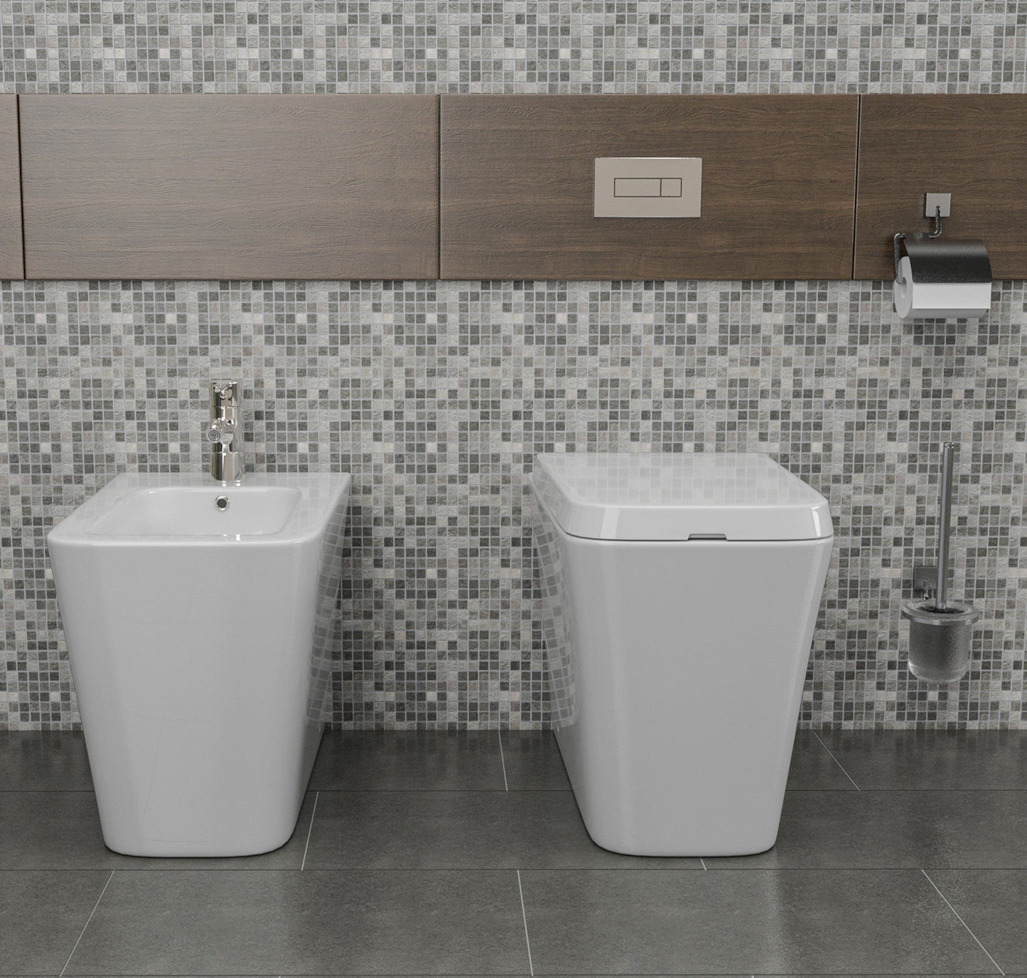 Coppia sanitari in ceramica filomuro WC e bidet con sedile soft close