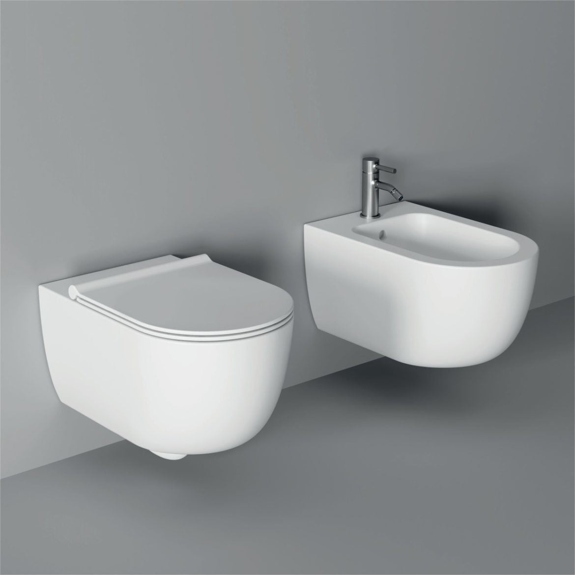 Coppia sanitari sospesi serie UNICA 55 senza brida con sedile softclose