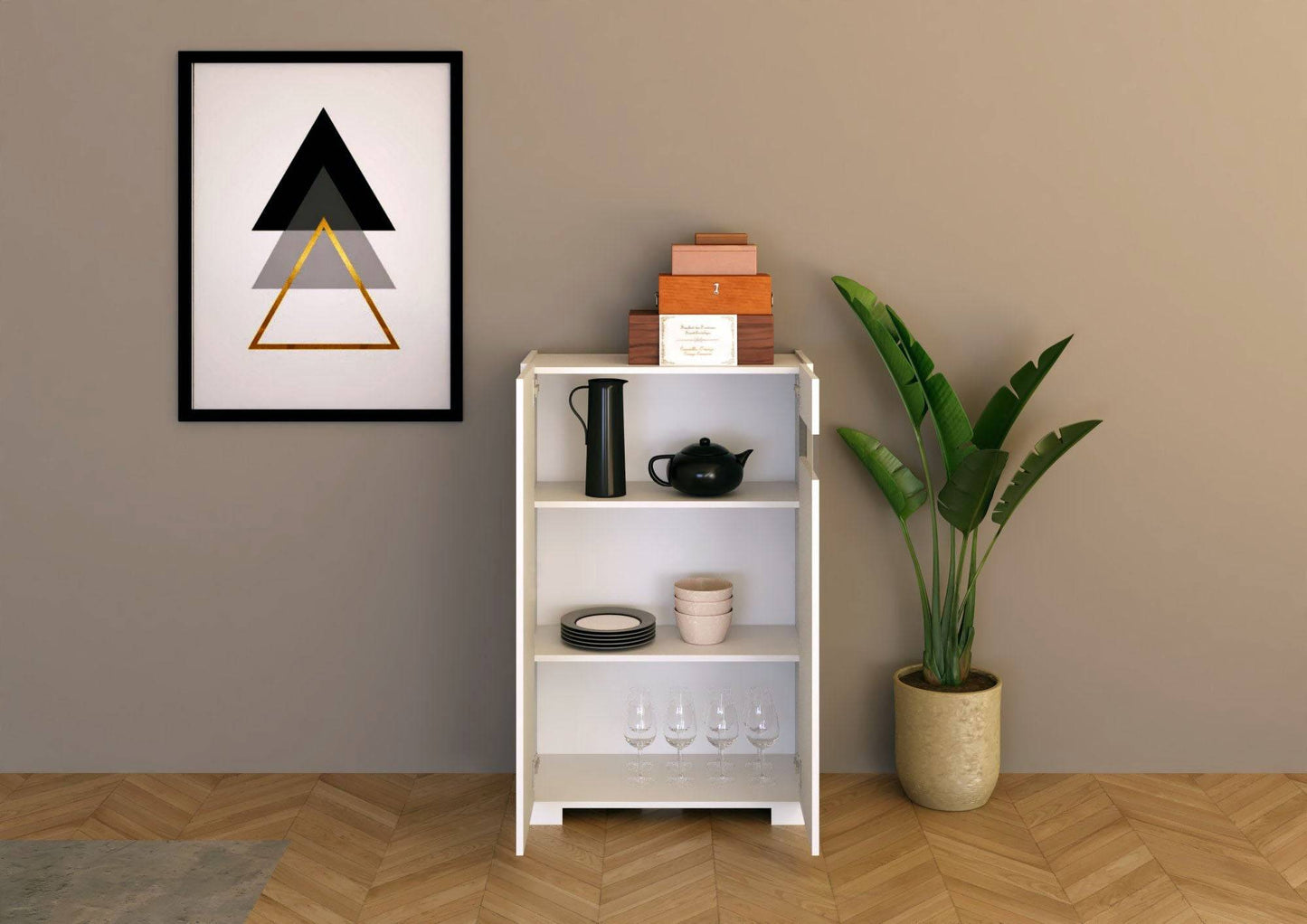 Highboard und Highboard mit TV-Ständer Riflesso Hochglanz Weiß und Kaschmir