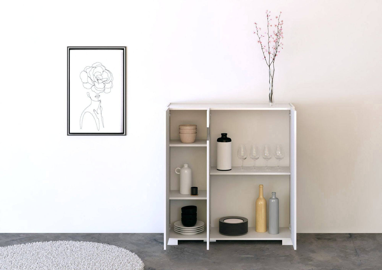 Highboard und Highboard mit TV-Ständer Riflesso Hochglanz Weiß und Kaschmir