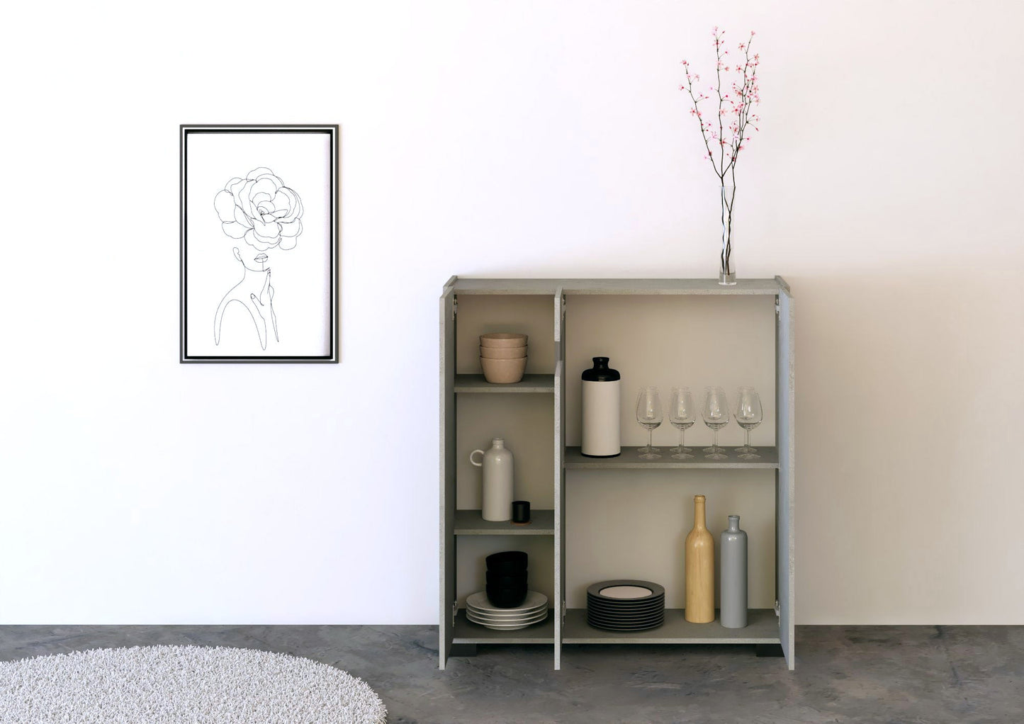 Highboard und Highboard mit TV-Ständer Riflesso Hochglanz Weiß und Kaschmir