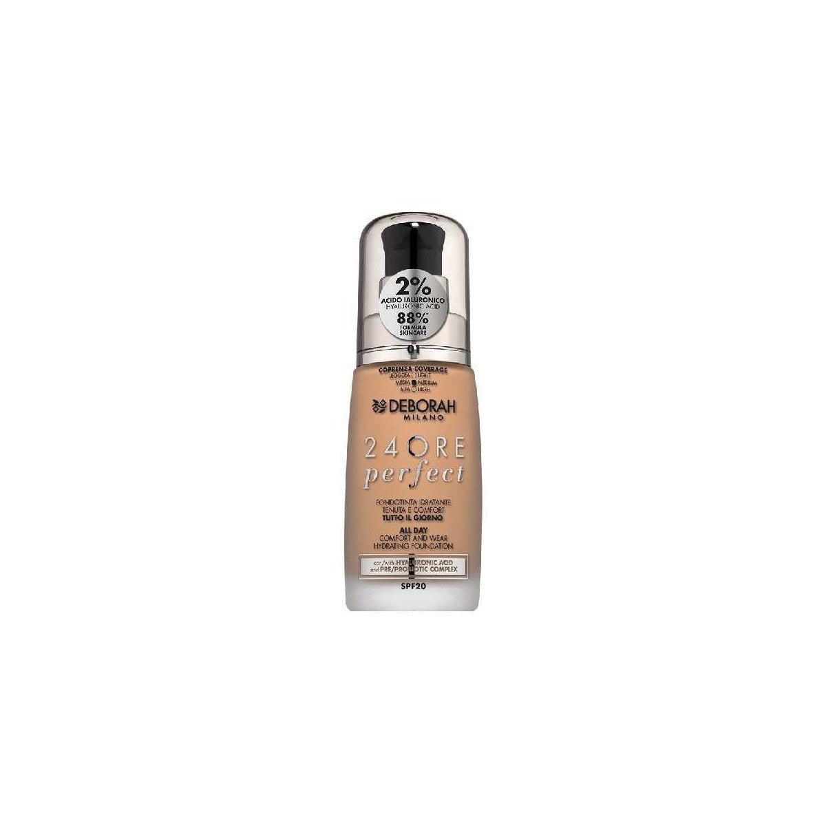 Deborah Milano 24 Ore Perfect Fondotinta Liquido con Acido Ialuronico SPF20 30 ml – Makeup Donna Idratante Lunga Tenuta