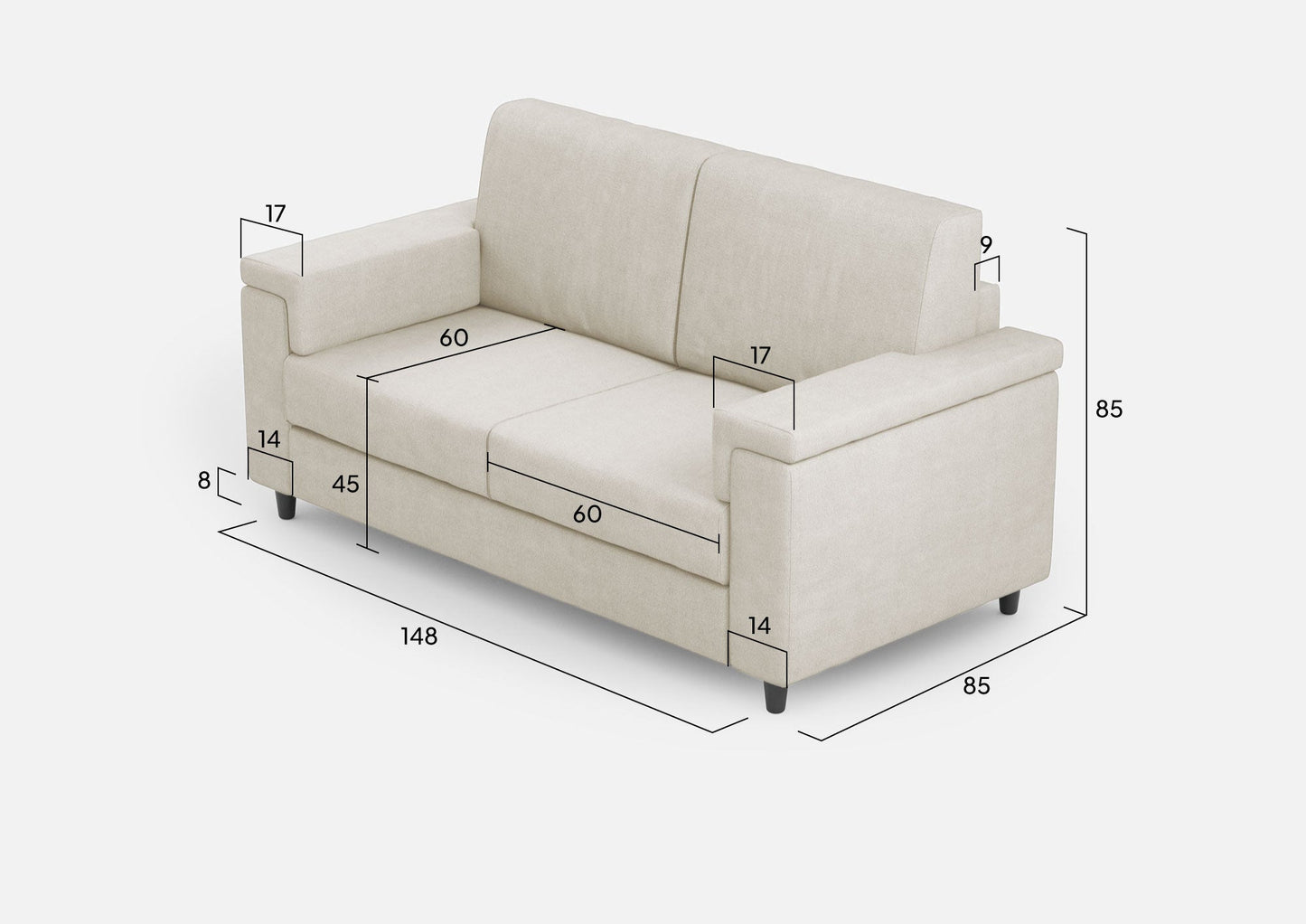 Divano Marrak 2 posti medio (due sedute da 70cm) misure esterne L.168cm