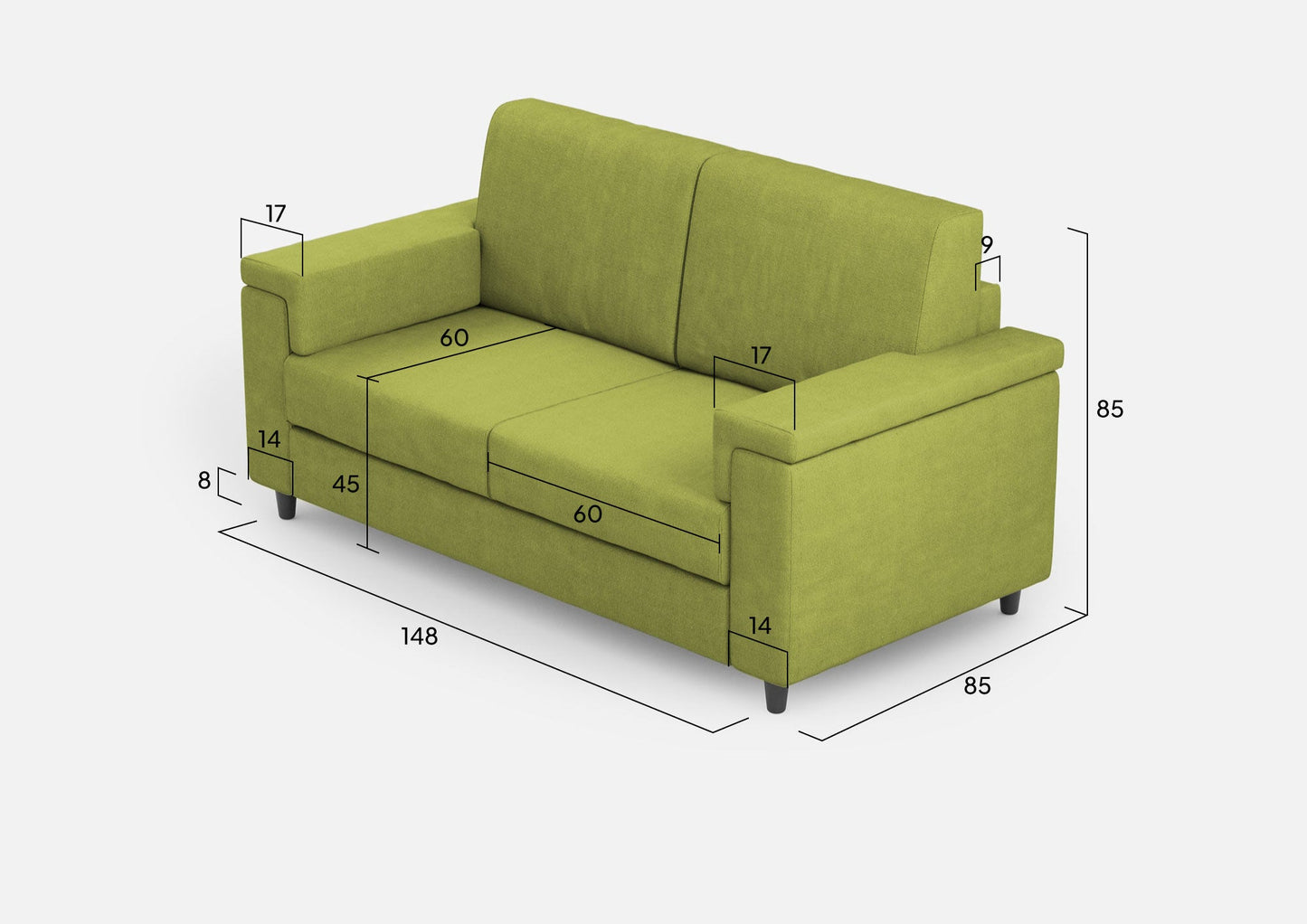 Divano Marrak 2 posti medio (due sedute da 70cm) misure esterne L.168cm