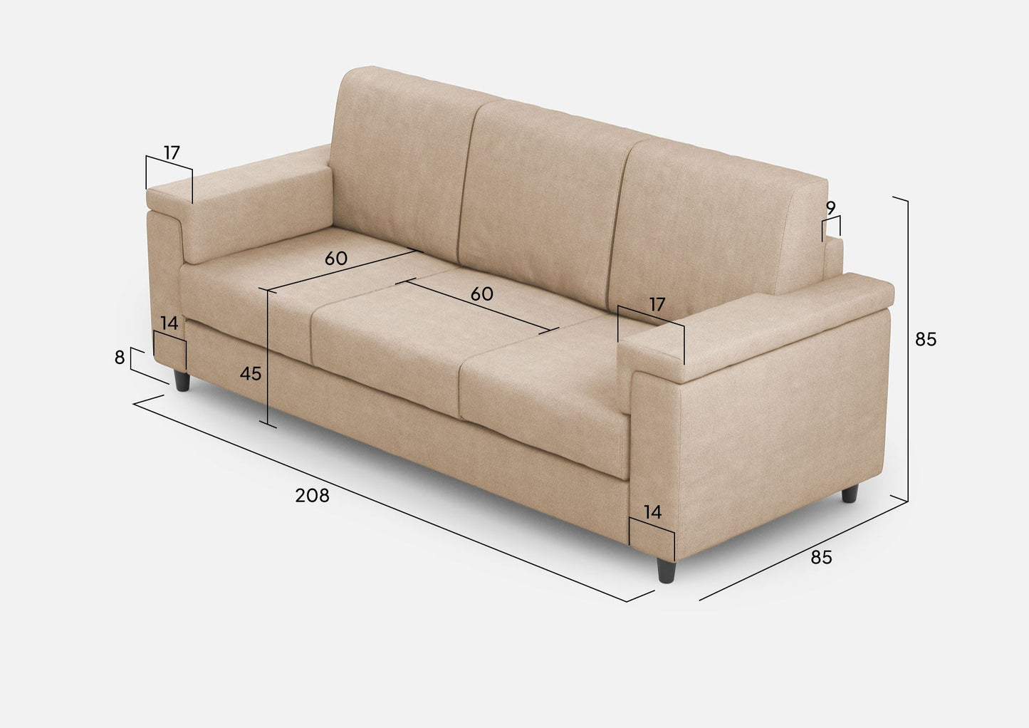 Divano Marrak 3 posti (tre sedute da 60cm) misure esterne L.208cm