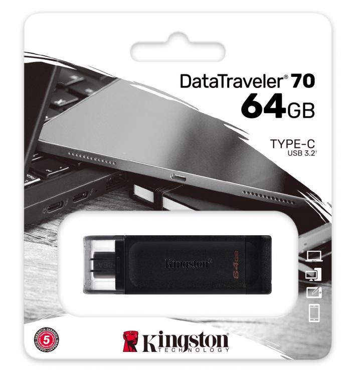Kingston Pendrive 64GB DataTraveler USB-C 3.2 DT70/64GB Speicherstick Flash Drive Typ C Schwarz