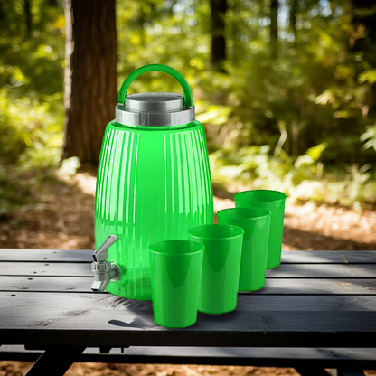 Spender mit Zapfhahn + 4 Gläser 4,7L Camping Picknick Büro