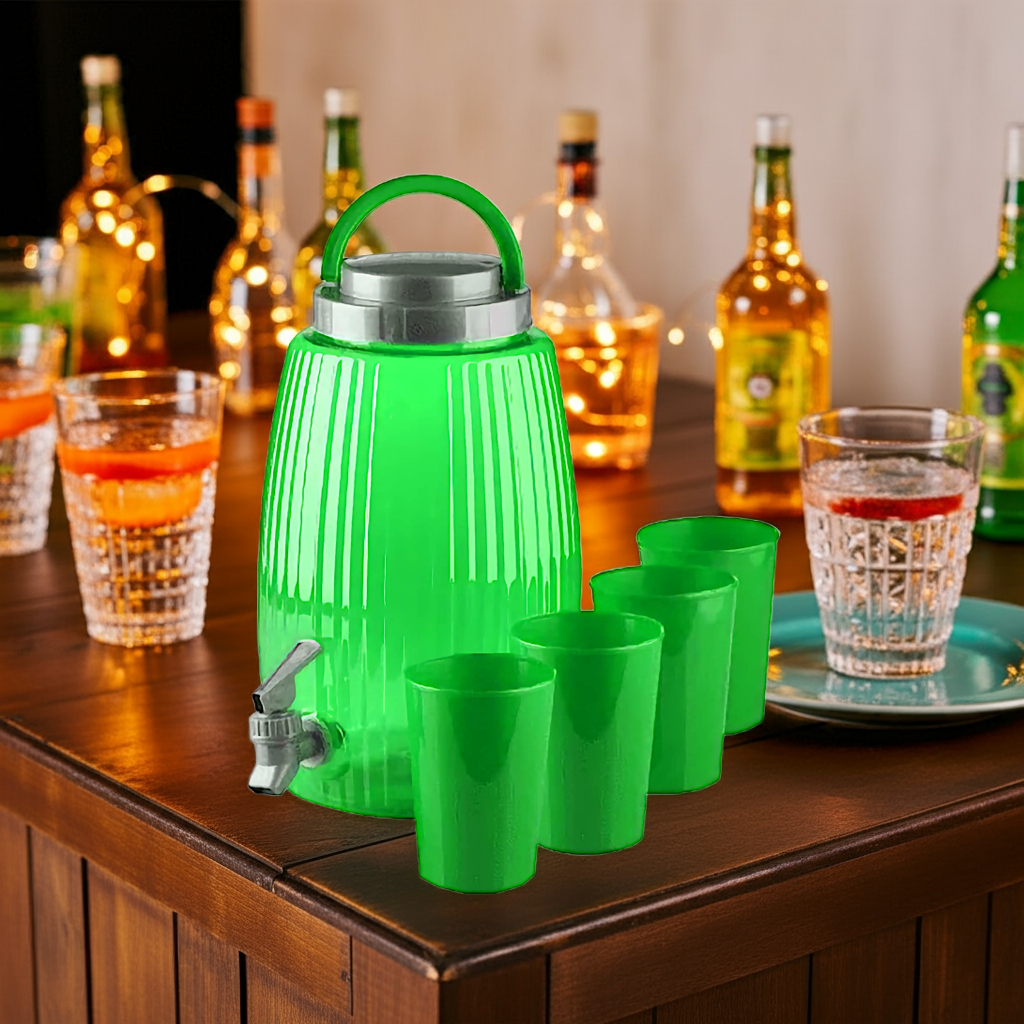 Spender mit Zapfhahn + 4 Gläser 4,7L Camping Picknick Büro
