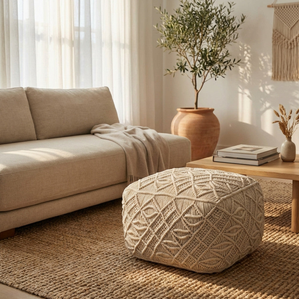 Pouf Bengasi: Quadratisch, Weiß, Baumwolle, 45x45x45cm