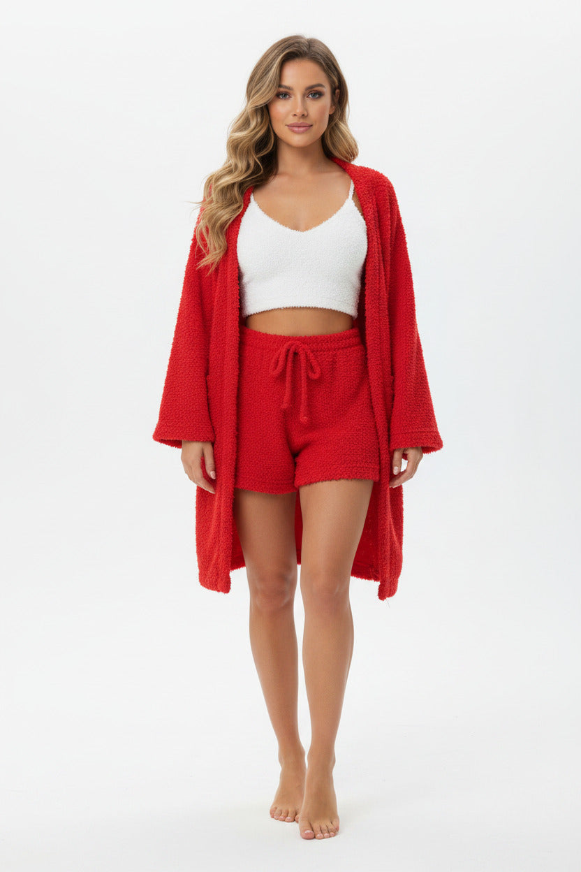 Set 3 Pezzi Donna Peloso con Giacca Lunga, Shorts e Canotta