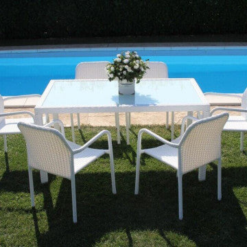 Gartentisch Azore 150 x 90 rechteckig mit Metall- und Wickergeflecht und Glasplatte