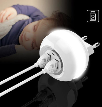 SCHNELLES EU-LADEGERÄT 2 USB ANDROID-IOS STECKER 2.4A + LED-TOUCH-NACHTLAMPE